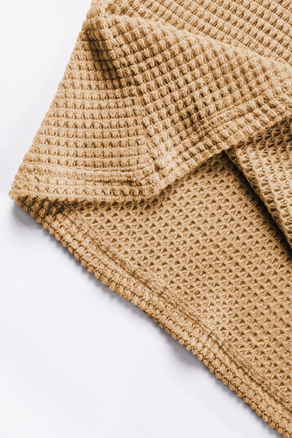 Camel V Neck Waffle Knit T-Shirt with Petal Sleeves