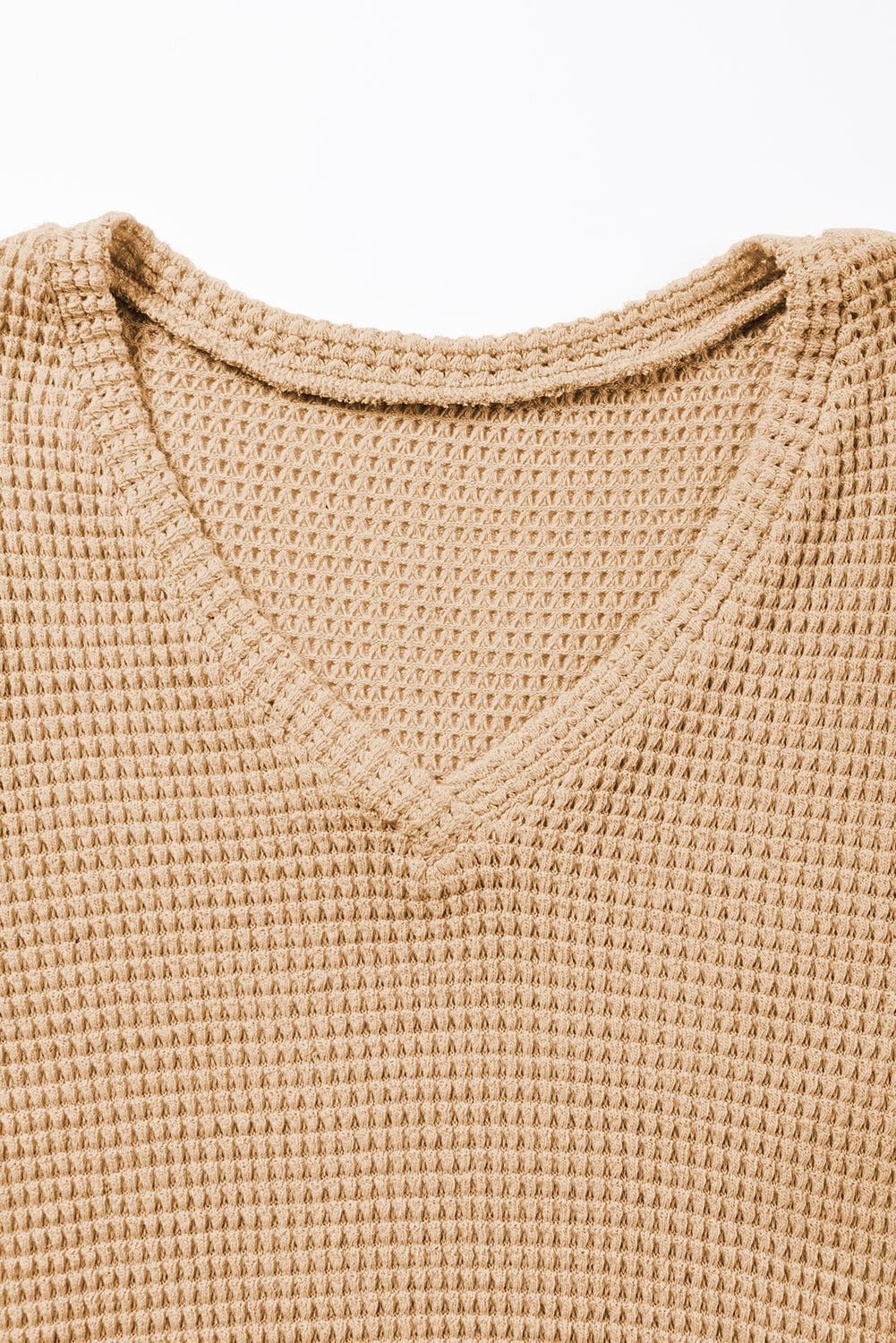 Camel V Neck Waffle Knit T-Shirt with Petal Sleeves