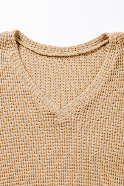 Camel V Neck Waffle Knit T-Shirt with Petal Sleeves