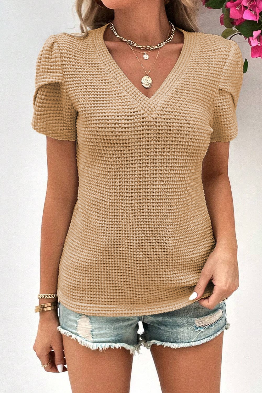 Camel V Neck Waffle Knit T-Shirt with Petal Sleeves