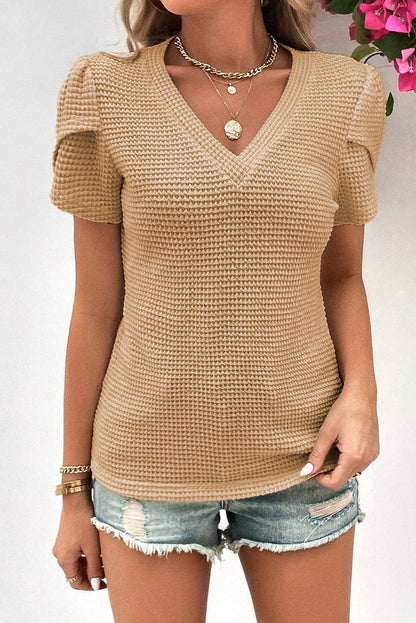 Camel V Neck Waffle Knit T-Shirt with Petal Sleeves