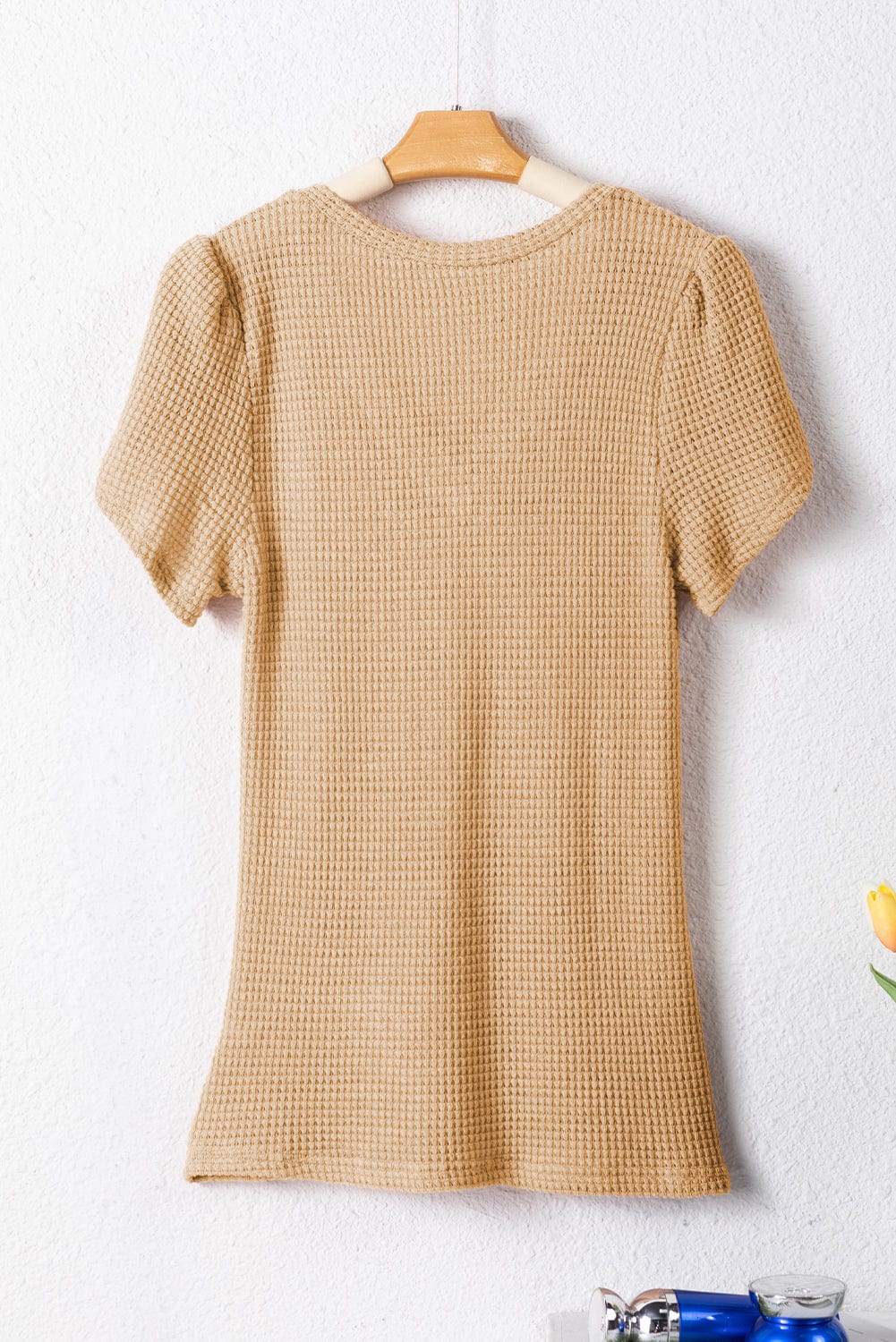 Camel V Neck Waffle Knit T-Shirt with Petal Sleeves