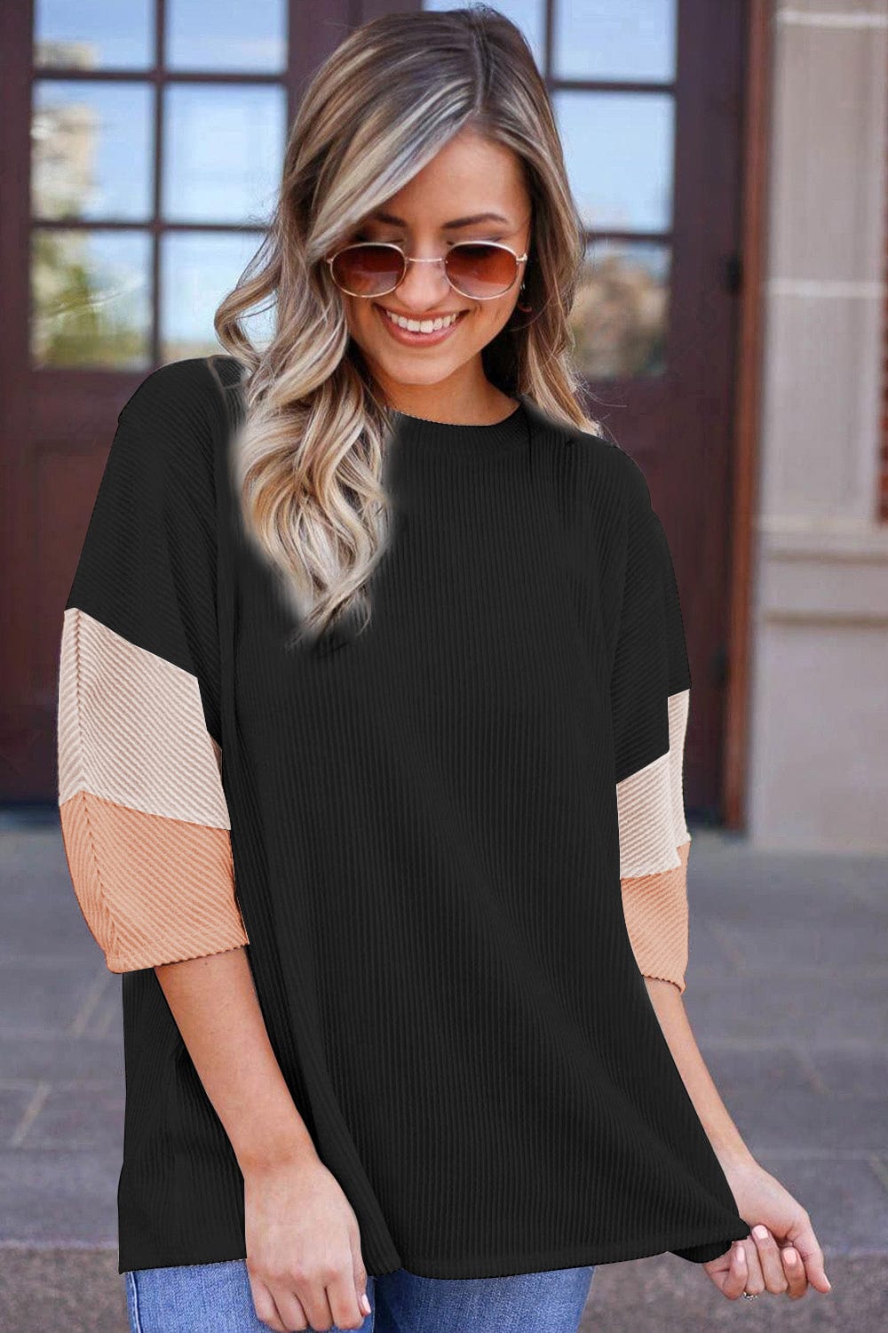 Carbon Grey Color Block Ribbed Knit Quarter Sleeve Casual Top