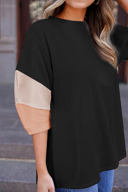 Carbon Grey Color Block Ribbed Knit Quarter Sleeve Casual Top