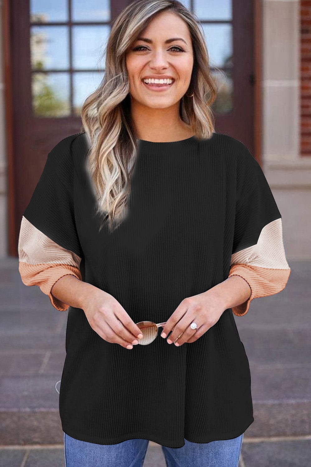 Carbon Grey Color Block Ribbed Knit Quarter Sleeve Casual Top