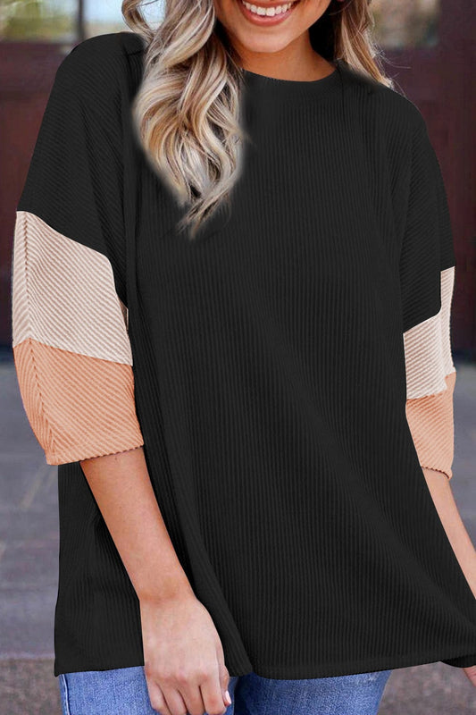 Carbon Grey Color Block Ribbed Knit Quarter Sleeve Casual Top