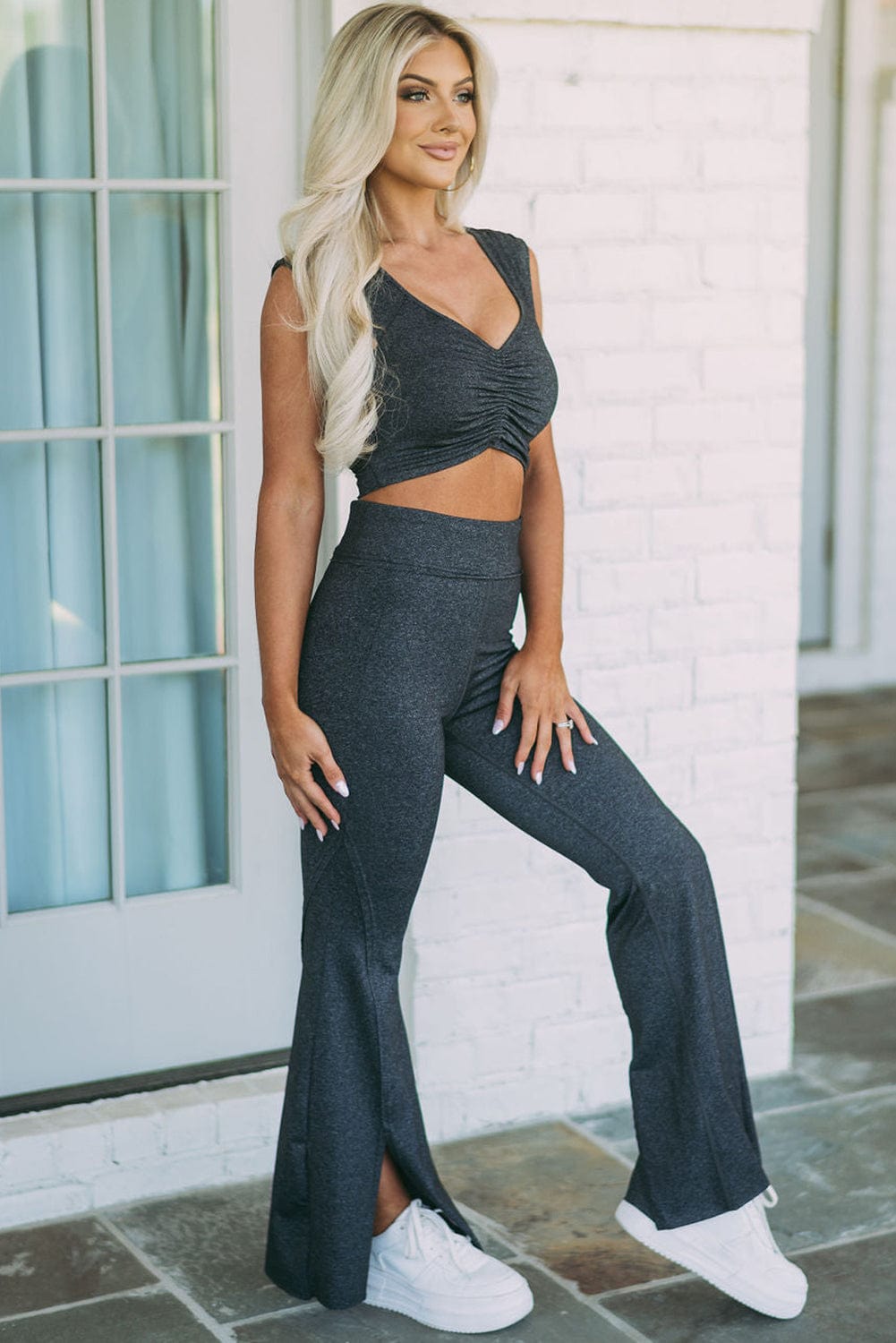 Carbon Grey Ruched Crop Top and Split Flare Pants Ensemble