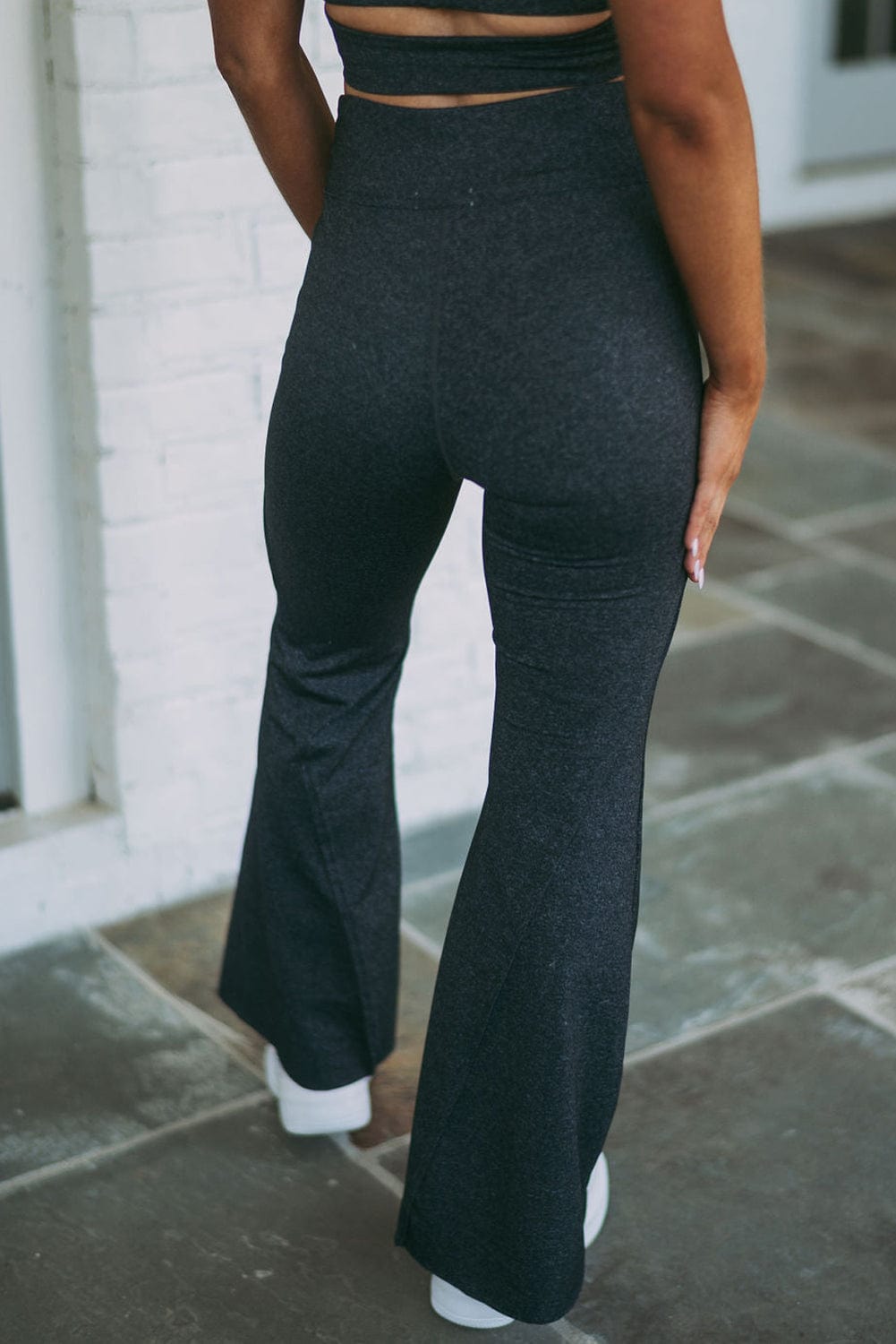 Carbon Grey Ruched Crop Top and Split Flare Pants Ensemble