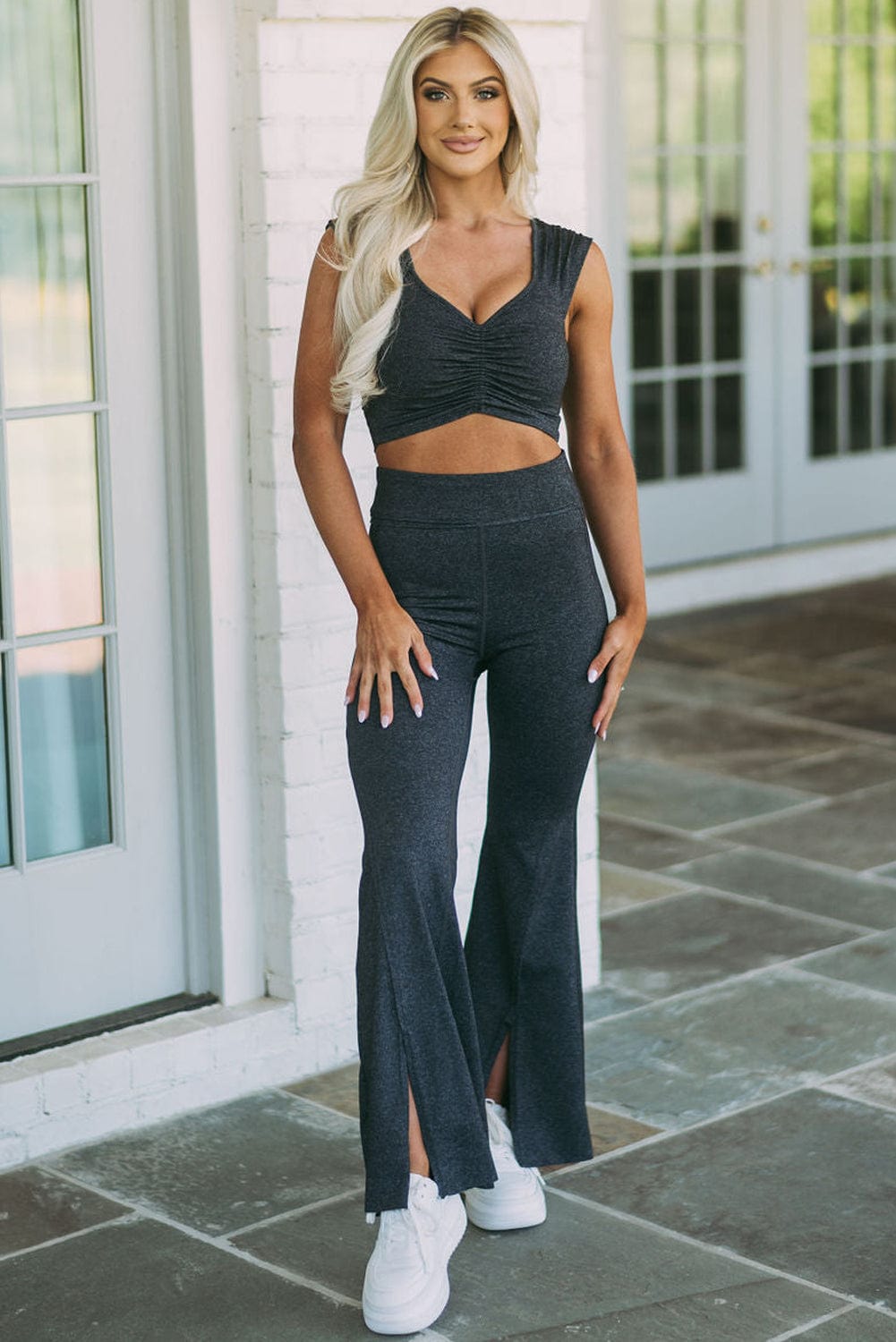 Carbon Grey Ruched Crop Top and Split Flare Pants Ensemble