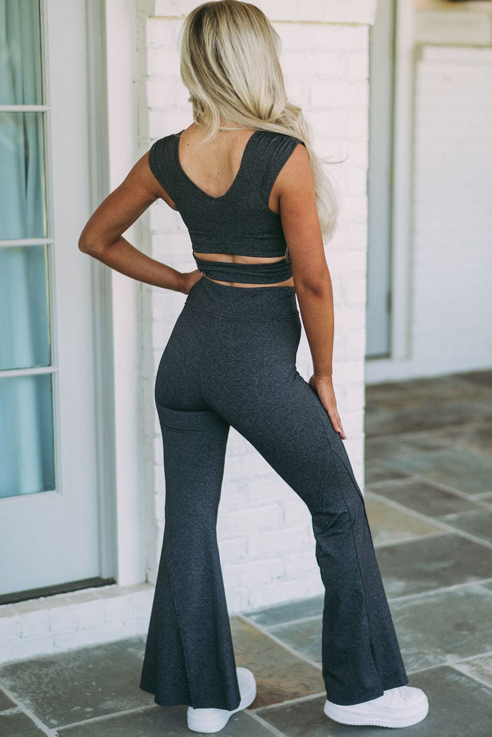 Carbon Grey Ruched Crop Top and Split Flare Pants Ensemble
