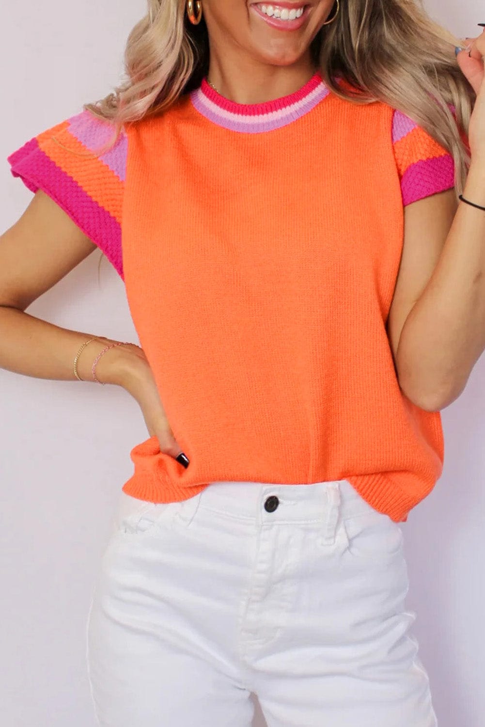 Carrot Cap Sleeve Color Block Knit Top