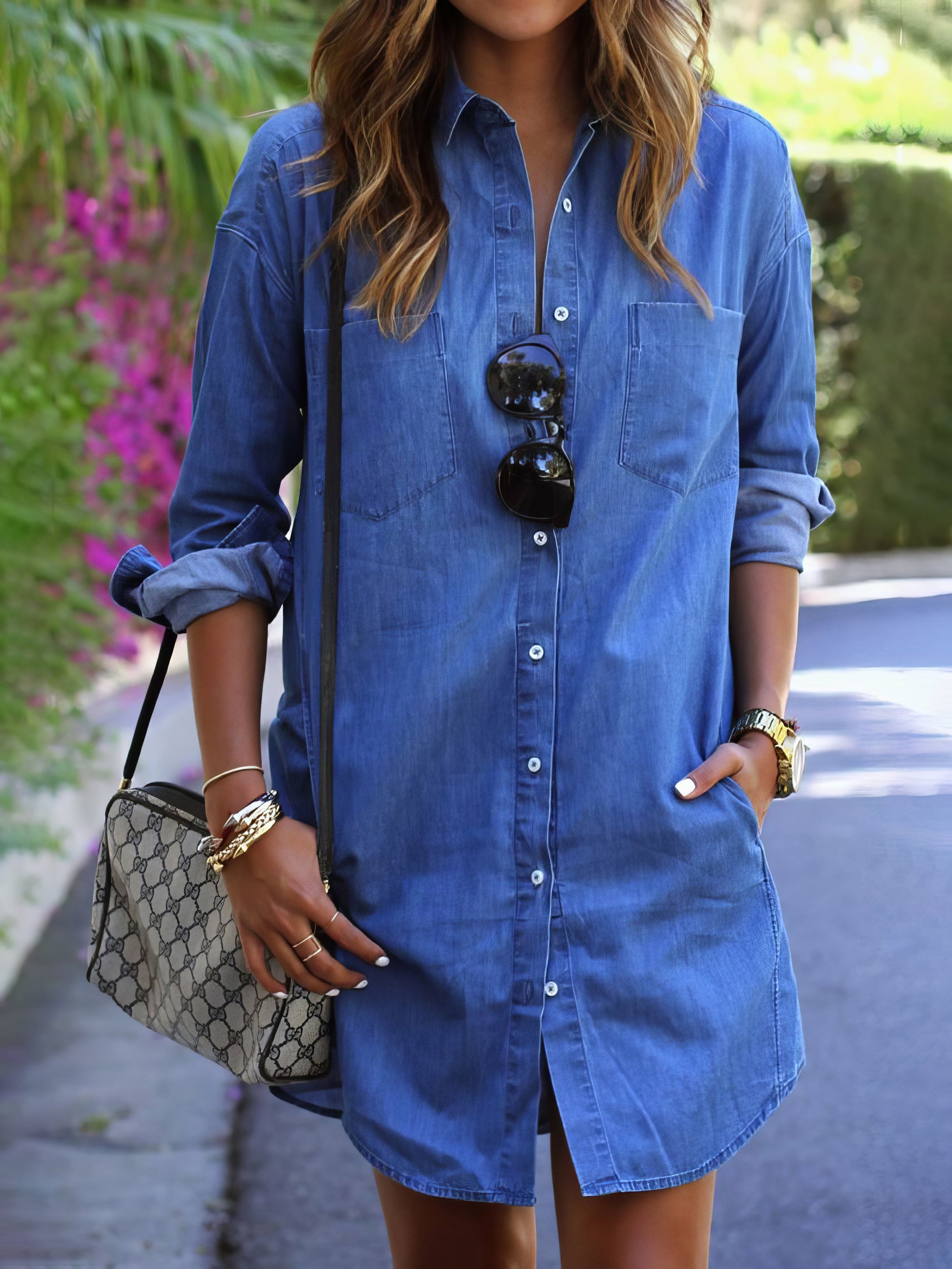 Mini Dresses - Casual Denim Long Sleeve Shirt Dress - MsDressly