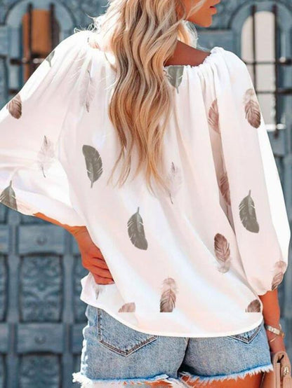 Blouses - Casual Feather Print Off Shoulder Strap Blouse - MsDressly