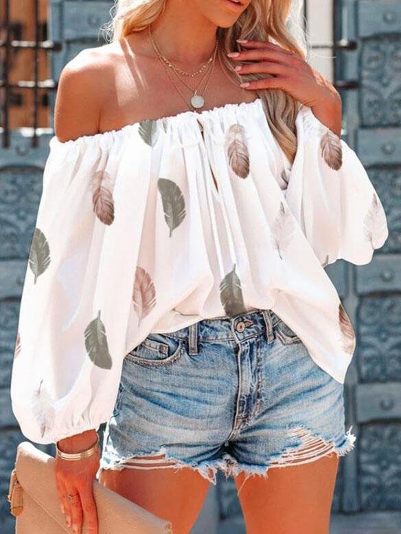 Blouses - Casual Feather Print Off Shoulder Strap Blouse - MsDressly