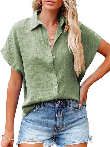 Casual Loose Short Sleeve Cotton Shirt in Solid Color for Women