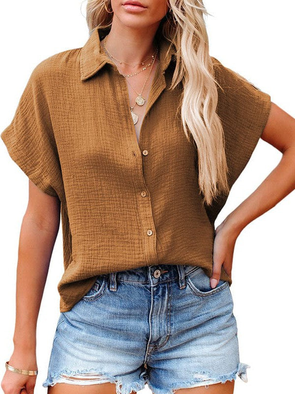 Casual Loose Short Sleeve Cotton Shirt in Solid Color for Women