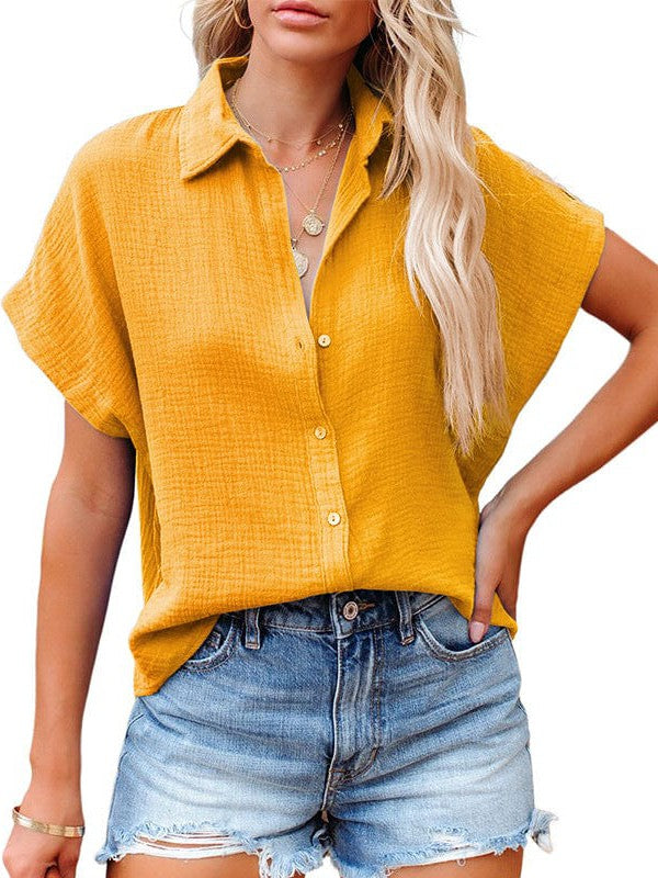 Casual Loose Short Sleeve Cotton Shirt in Solid Color for Women