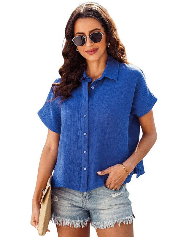 Casual Loose Short Sleeve Cotton Shirt in Solid Color for Women