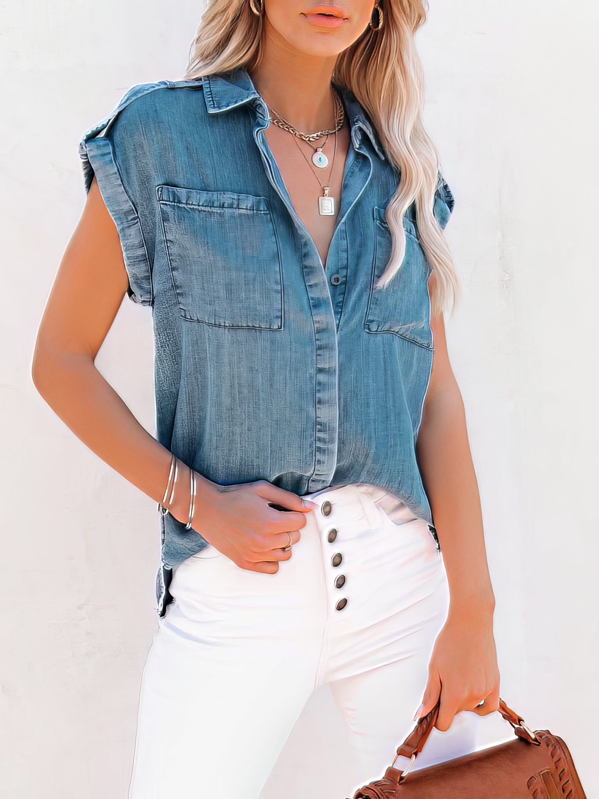 Casual Short-sleeved Solid Denim Shirt