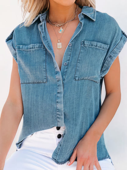 Casual Short-sleeved Solid Denim Shirt