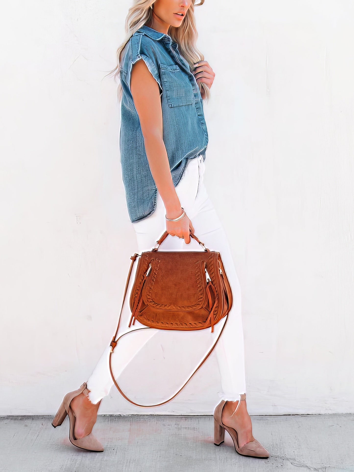 Casual Short-sleeved Solid Denim Shirt