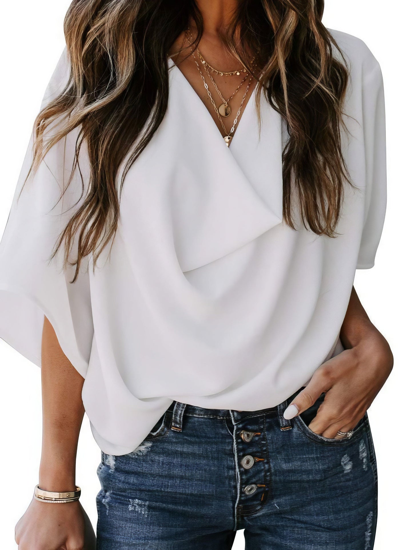 Casual V-neck Pleated Chiffon Shirt
