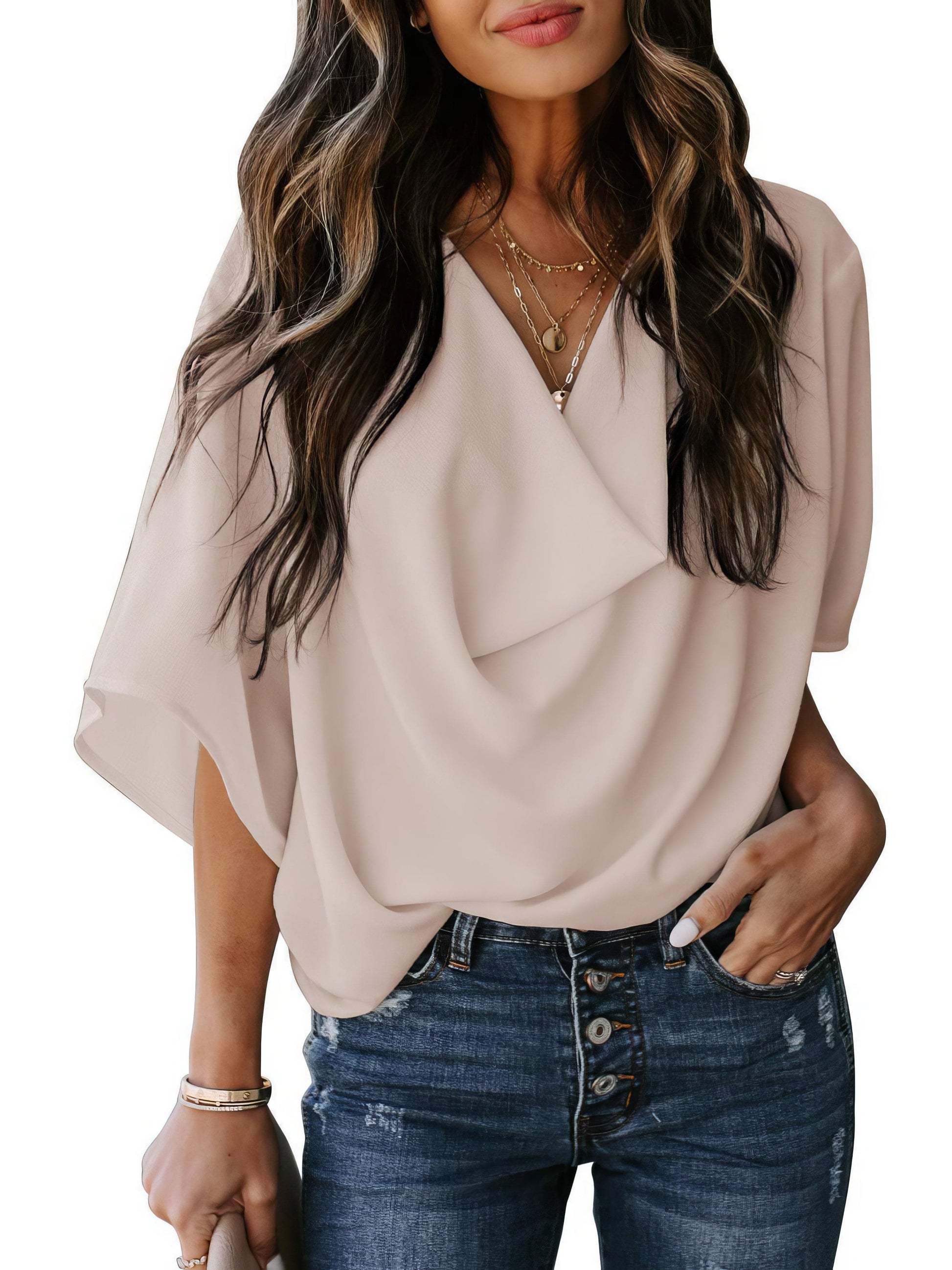 Casual V-neck Pleated Chiffon Shirt