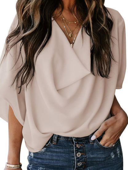 Blouses - Casual V-neck Pleated Chiffon Shirt - MsDressly
