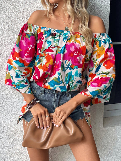 Floral Fantasy Off Shoulder Bell Sleeve Top