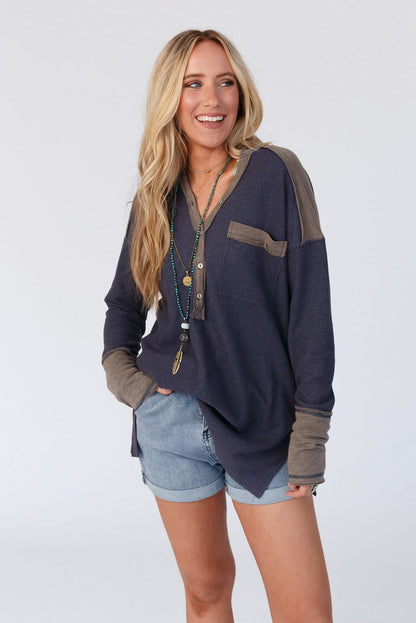 Dark Blue Contrast Trim Half Button Thermal Top