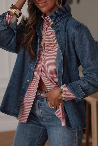 Pink Stripe Frilled Collar Button Down Single Chest Pocket Loose Shirt