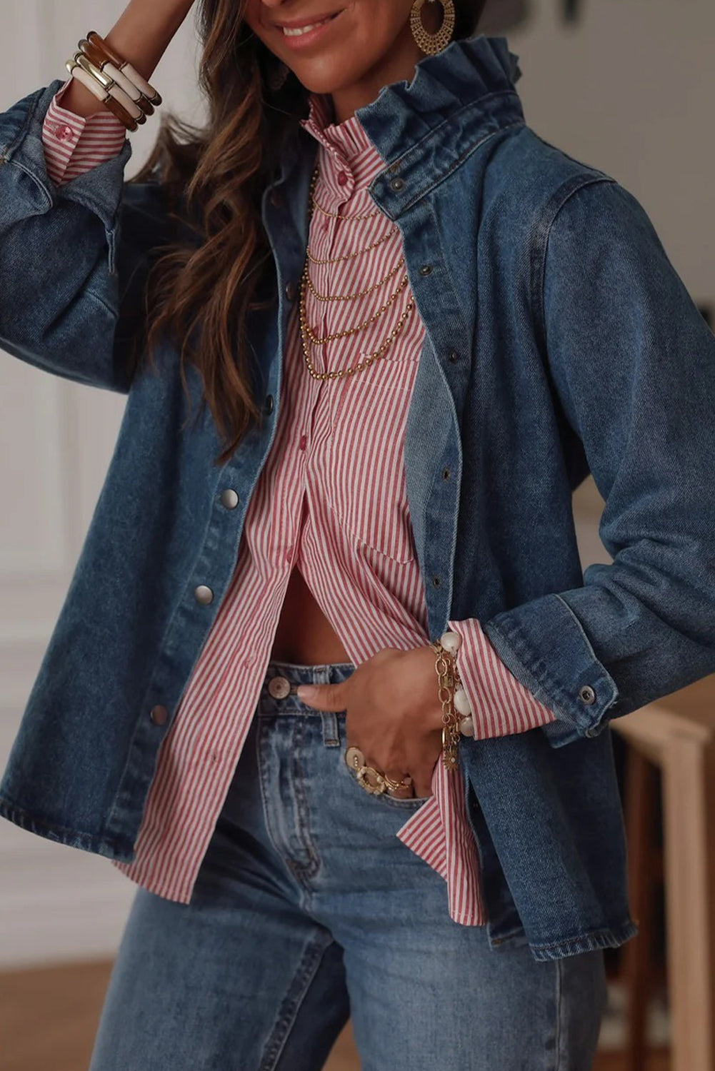 Pink Stripe Frilled Collar Button Down Single Chest Pocket Loose Shirt