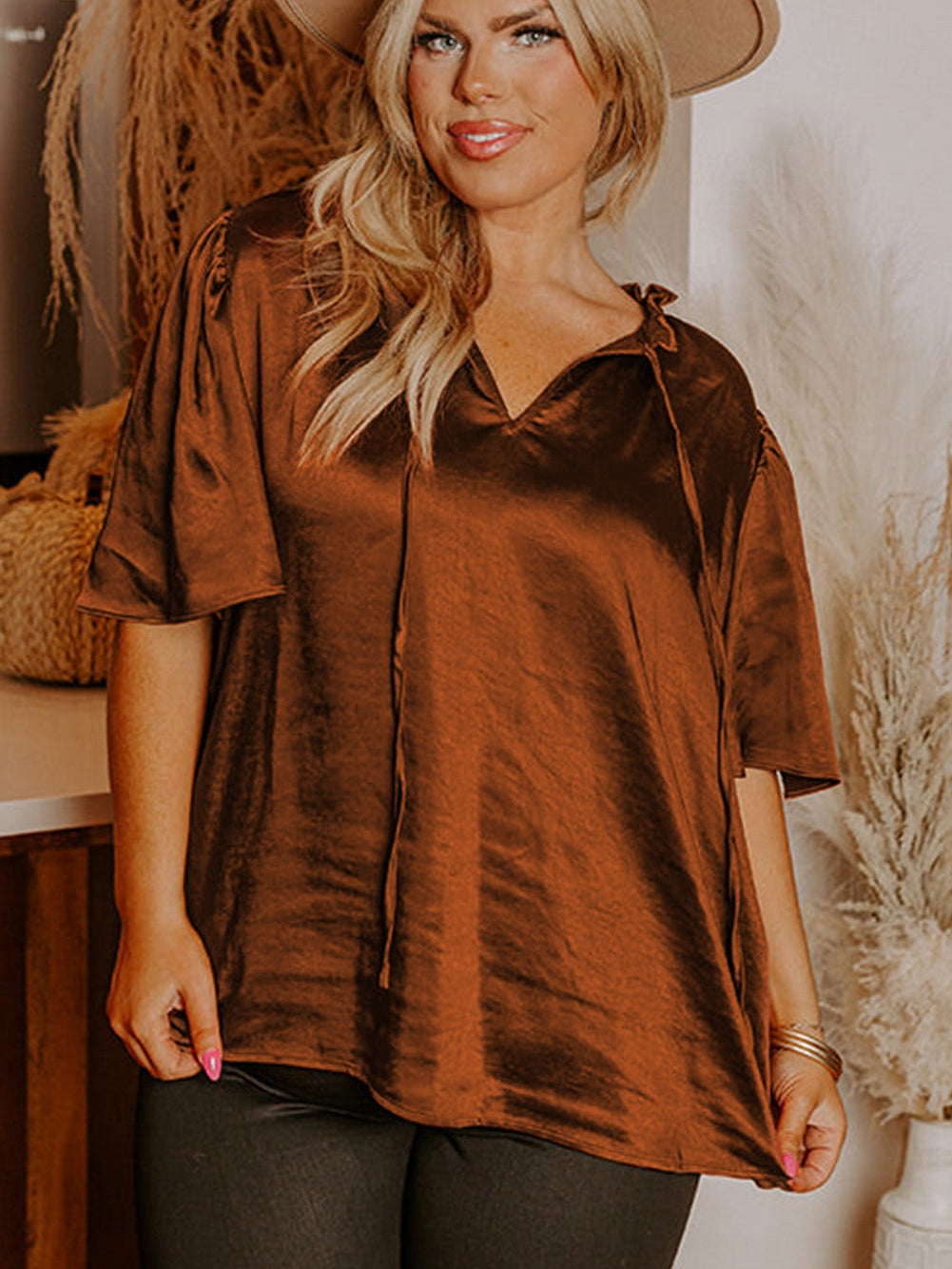 Chestnut Frilled Split Neck Plus Size Satin Blouse