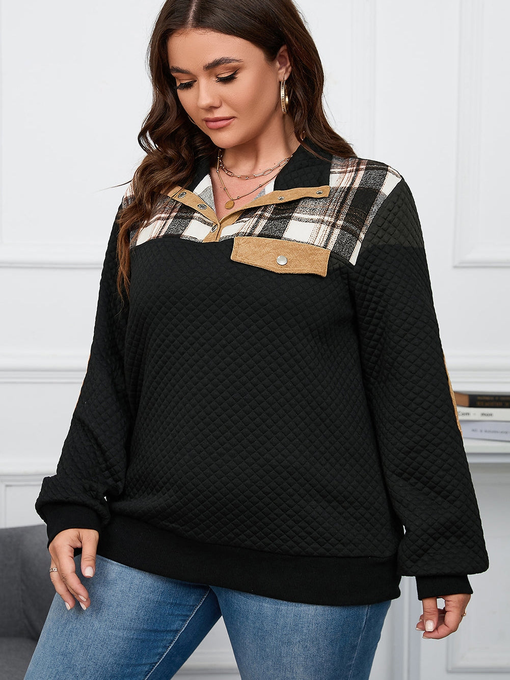 Quilted Black Plaid Patch Plus Size Henley Sweatshirt