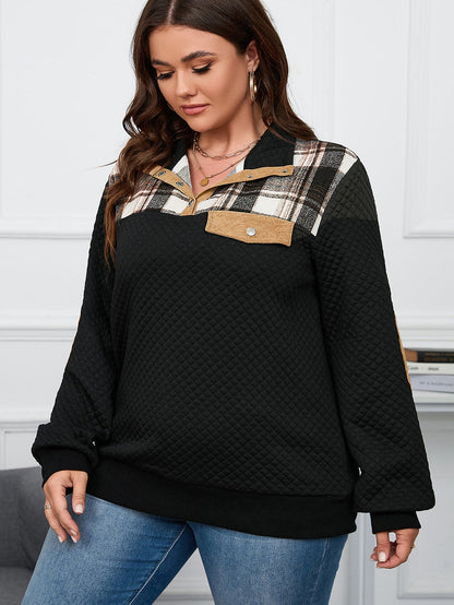 Quilted Black Plaid Patch Plus Size Henley Sweatshirt