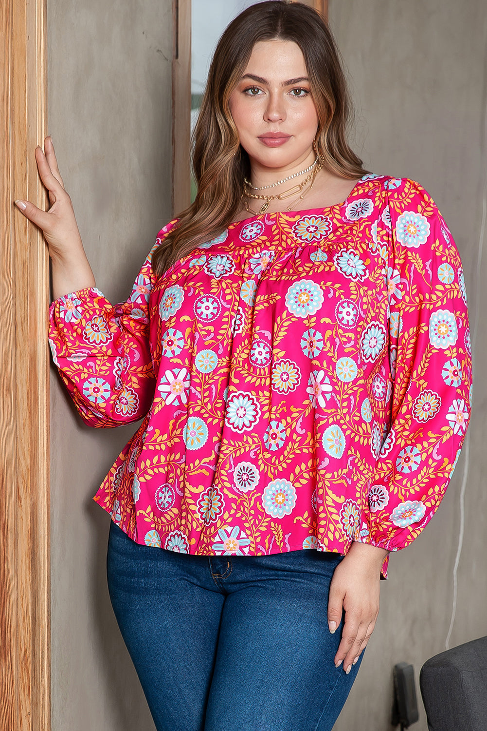 Pink Floral Square Neck Plus Size Blouse