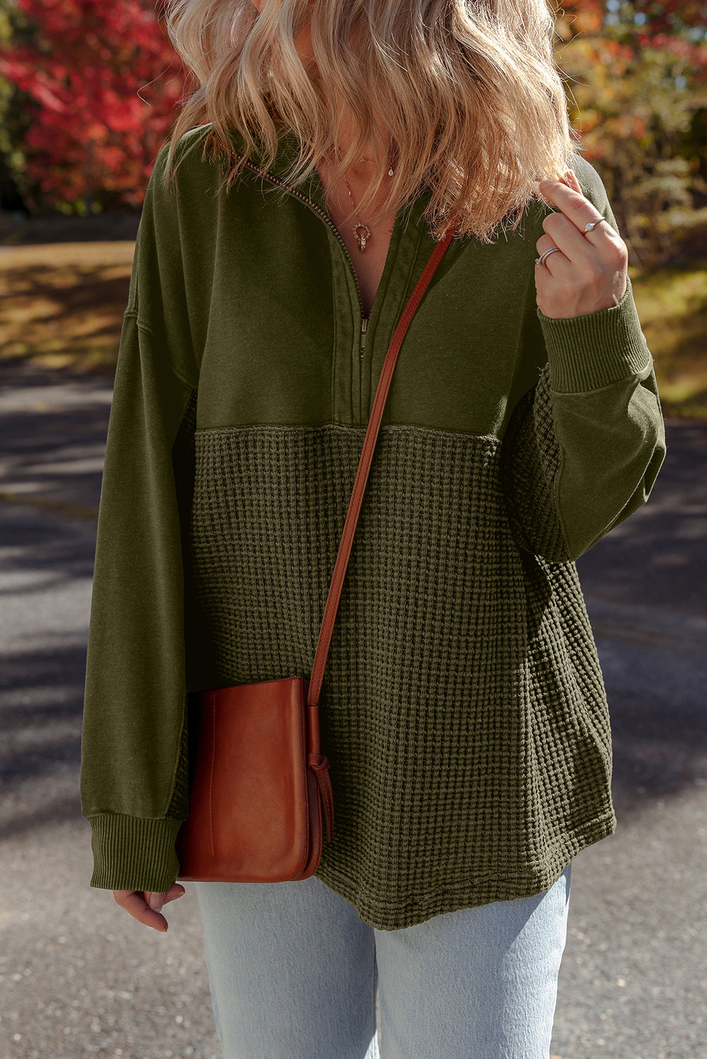 Moss Green Waffle Knit Patchwork Half Zipped Casual Sweatshirt