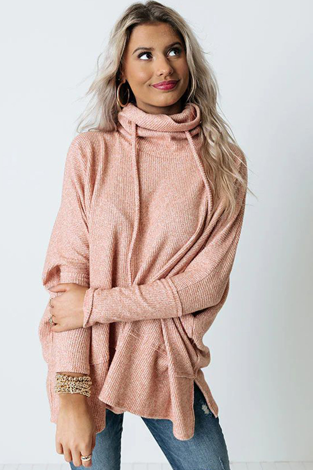Apricot Pink Textured Knit Drawstring Cowl Neck Oversize Top with Side Slits