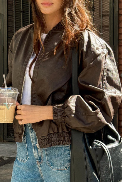 Dark Brown Elastic Banded Faux Leather Bomber Jacket