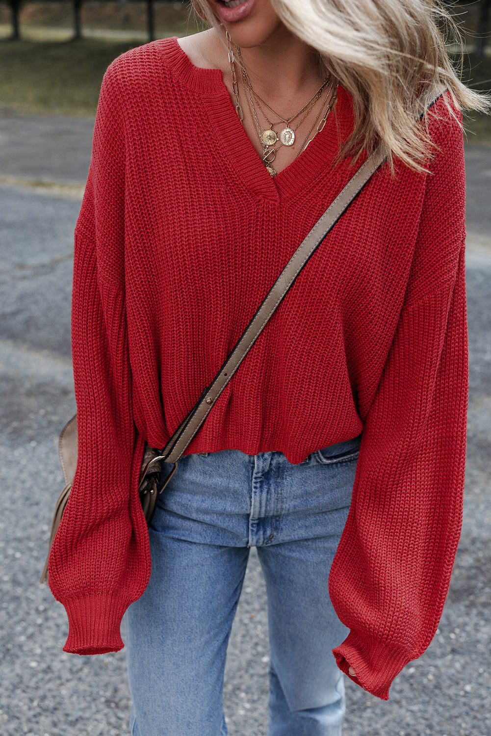 red v neck sweater