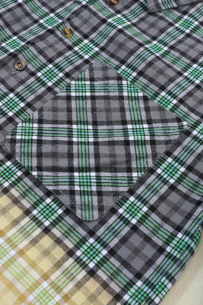 Green Plaid Patchwork Button Up Shacket with Chest Pocket