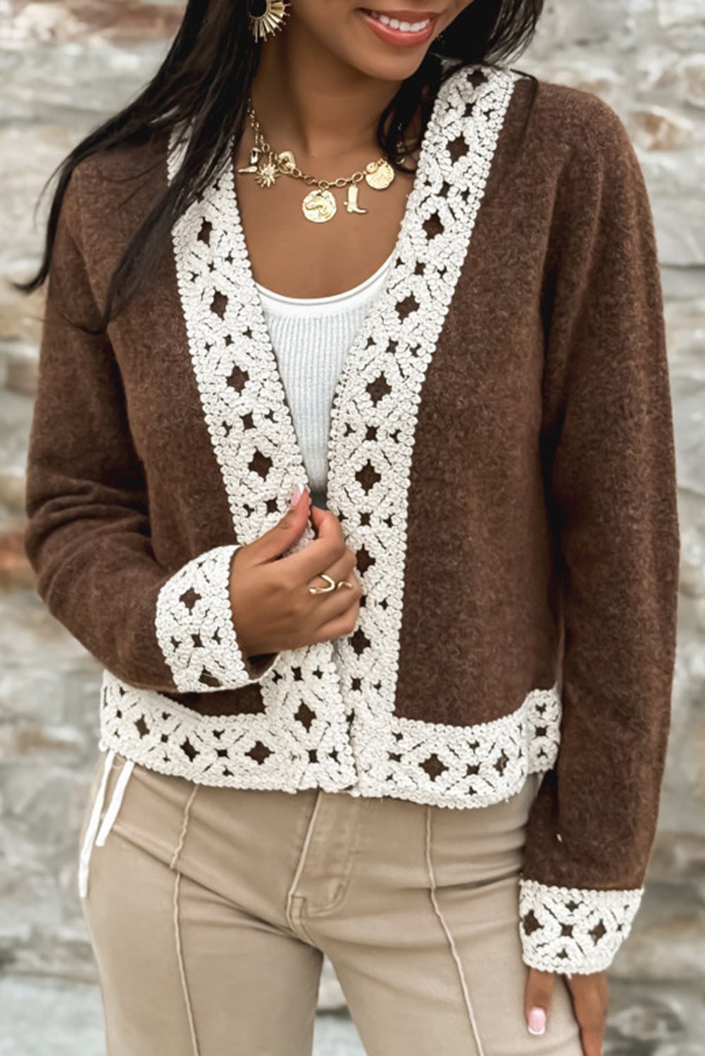 Dark Brown Contrast Lace Trim Open Short Cardigan