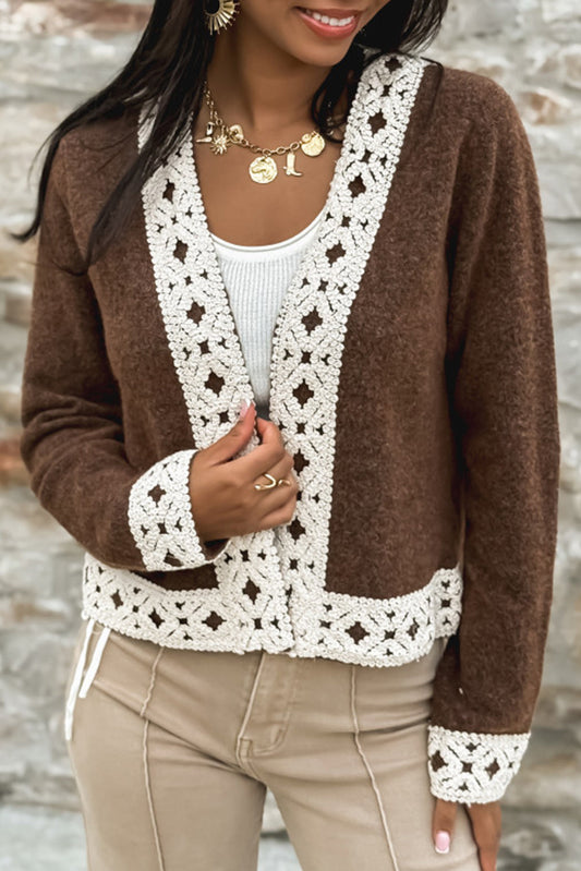 Dark Brown Contrast Lace Trim Open Short Cardigan