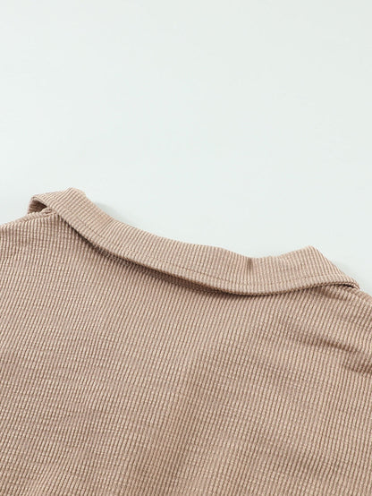 Elegant Khaki Knit Top with Chic Turn-down Neck