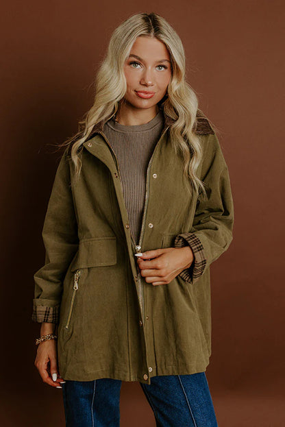 Moss Green Color Block Collar Patchwork Contrasted Leopard Liner Utility Jacket