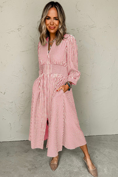 Red Stripe V Neck Zip Front Cinched High Waist Midi Dress