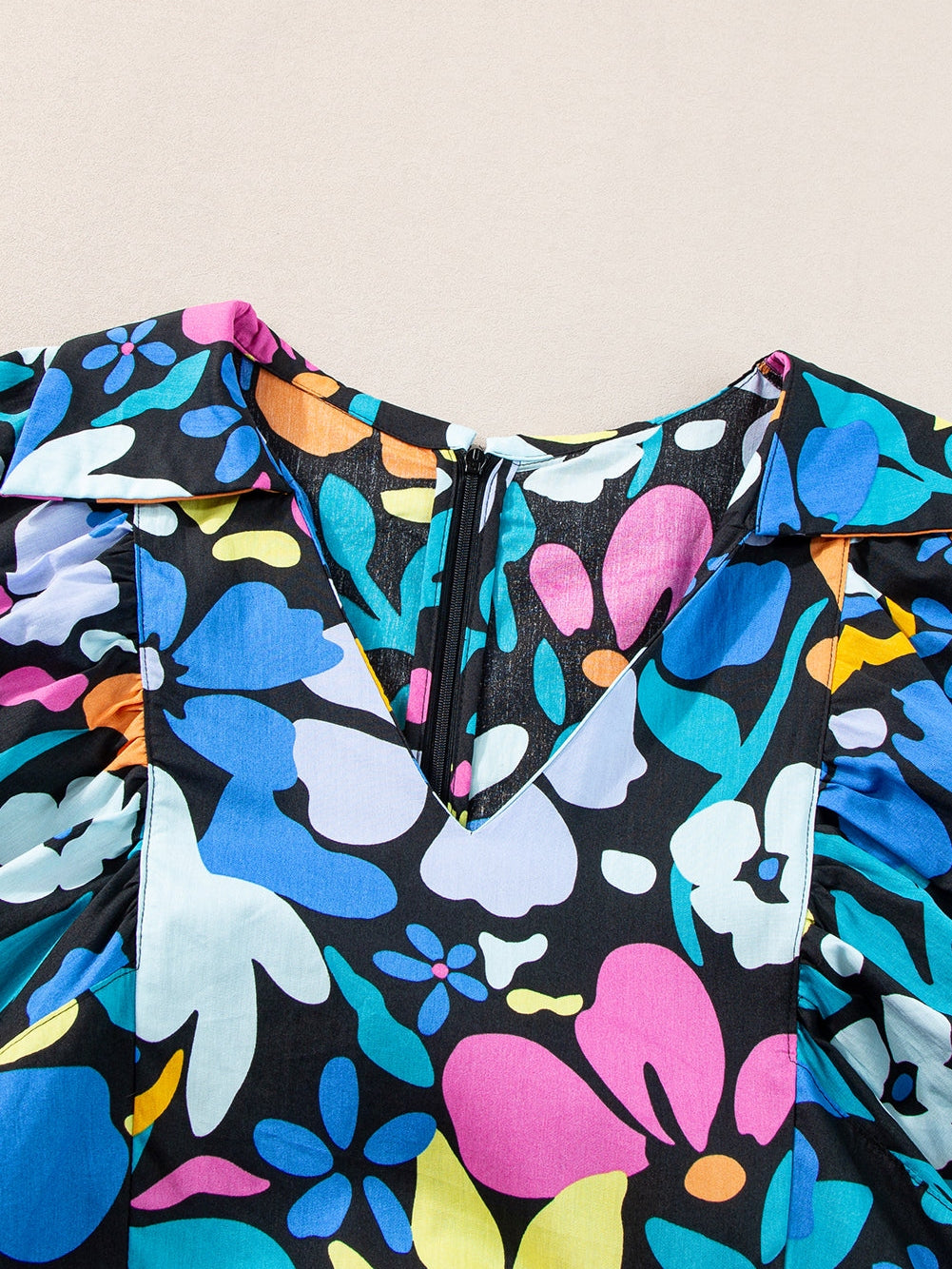 Blue Floral Split Neck Plus Size Collared Mini Dress