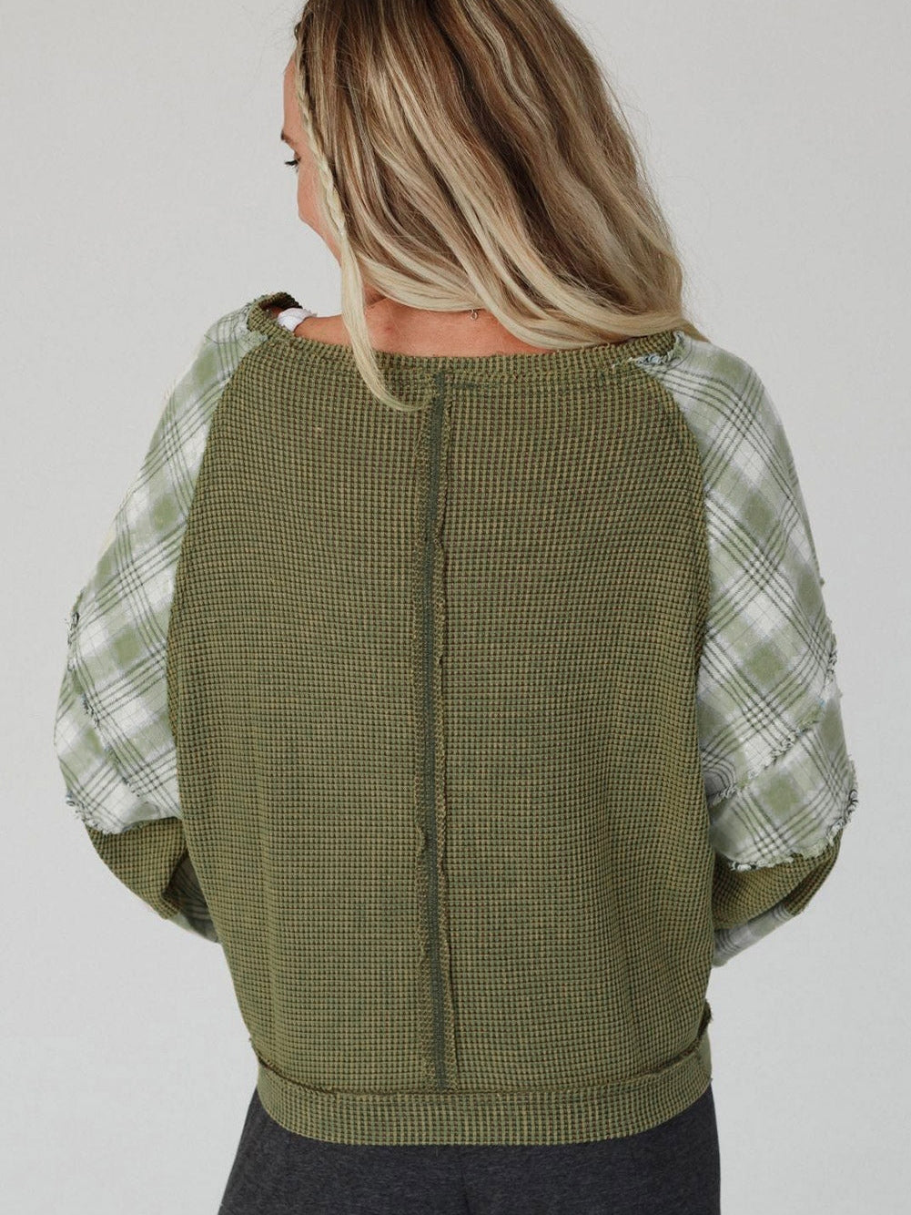 Green Plaid Bubble Sleeve Waffle Knit Patchwork Top