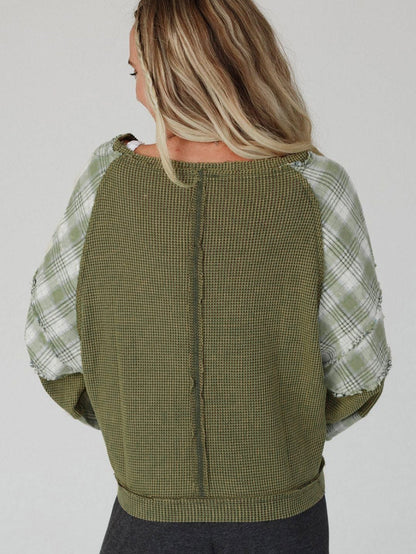 Green Plaid Bubble Sleeve Waffle Knit Patchwork Top