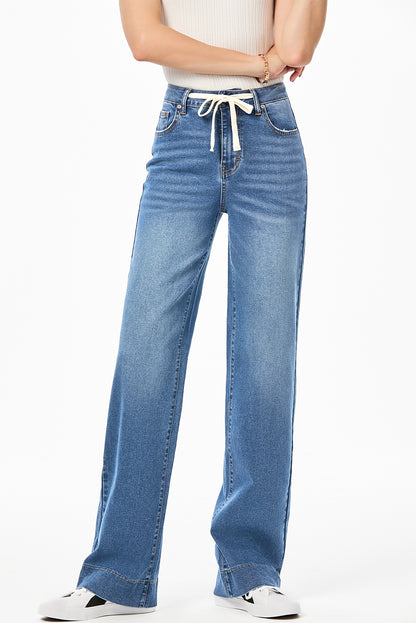 Light Blue Lace-up Button Zip Fly Straight Leg Jeans